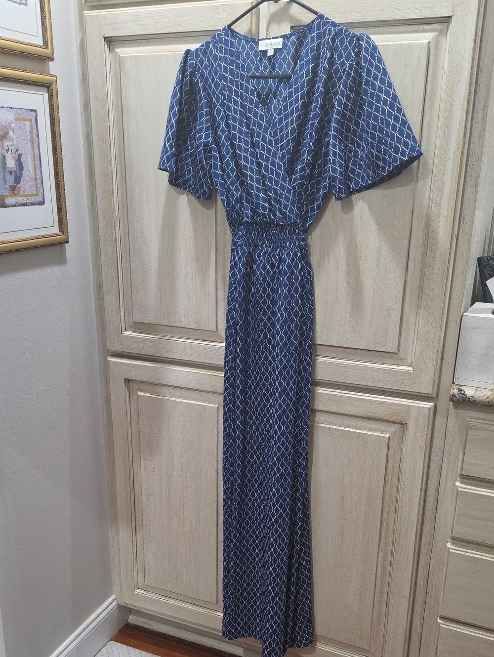 Luxology Navy Geometric Maxi Dress with Smocked Waist